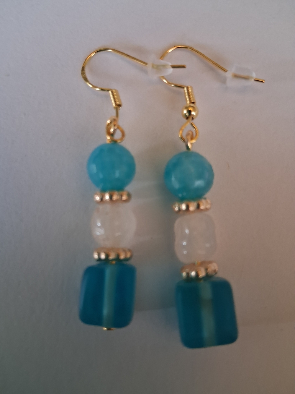 Gold-Tone Aqua Blue and White Bead Drop Earrings